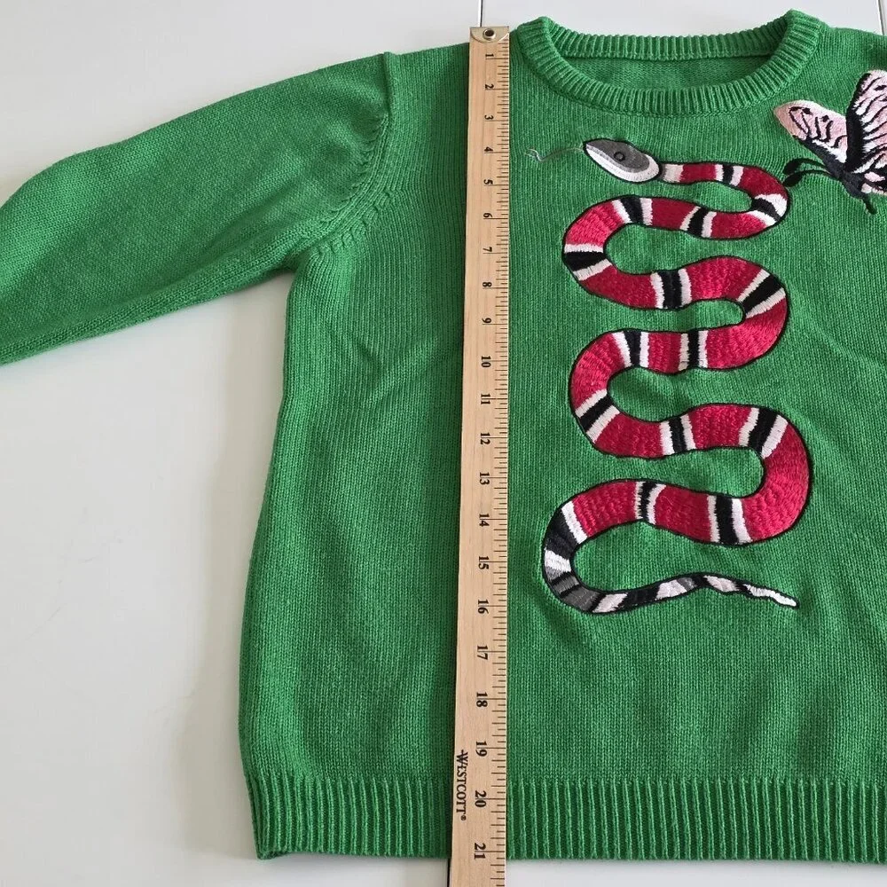Wengel Cashmere Sweater Womens S Green Snake Butterfly Embroidery LS Preppy Boho